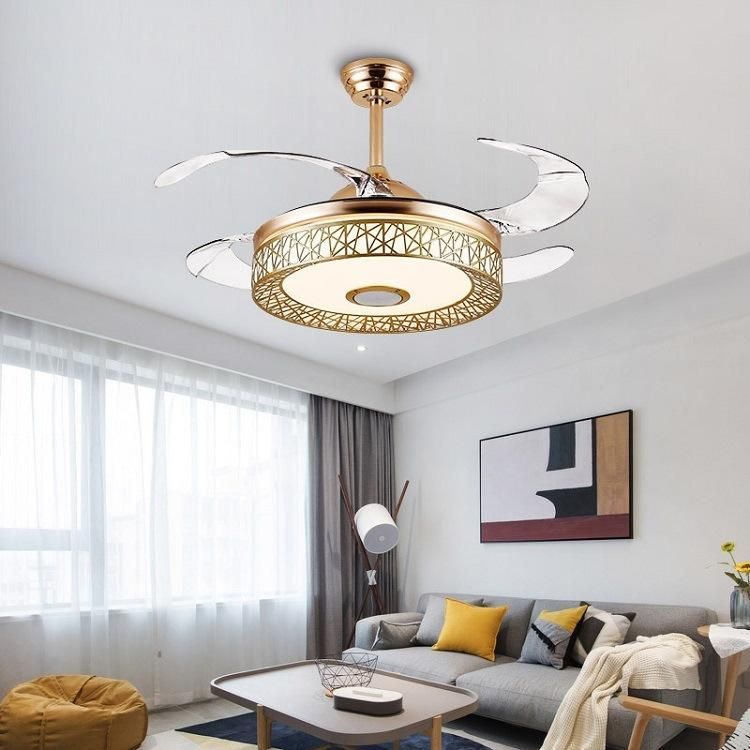 Modern 42" 48"Remote Control Bluetooth DC Retractable Blades Ceiling Pendant Fan Light with Speaker