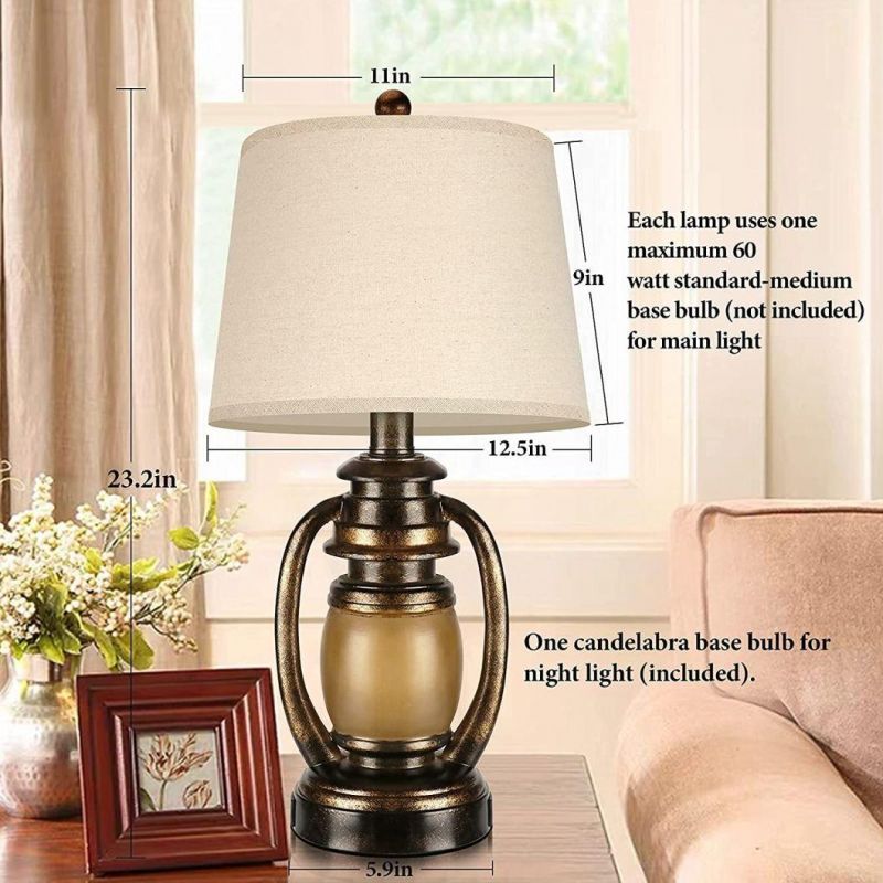 Farmhouse Bedside Table Lamps for Living Room Set of 2 Oatmeal Tapered Drum Shade Rustic Bedroom Nightstand Lamps with 2 USB Port and Outlet