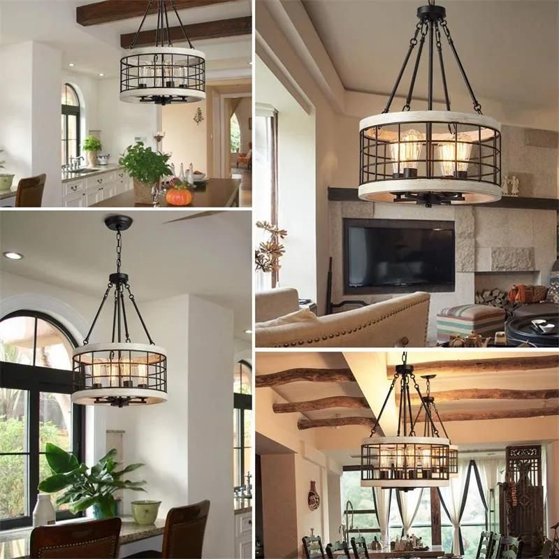 LED European Indoor Light Living Room Retro Industrial Style Wrought Iron Wooden Chandelier