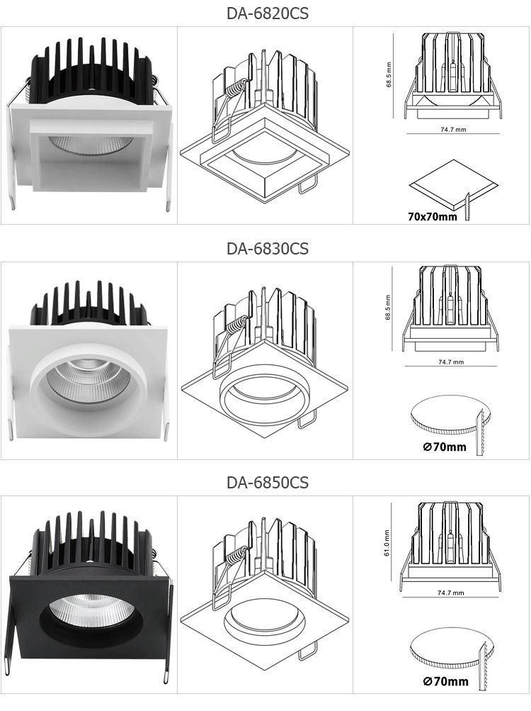 Aluminum 10W 15W Square 3000K COB Recessed LED Downlight