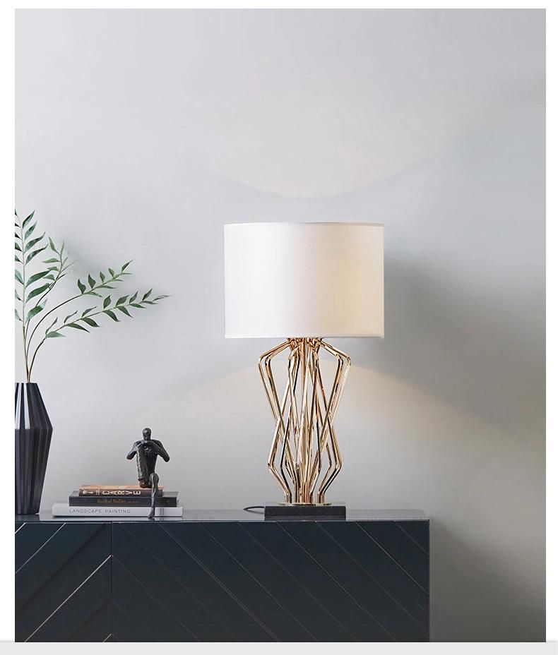 Popular Decoration Fabric Hotel Living Room Bedroom E27 Desk Lamp Reading Table Light Modern Luxury White Marble Desk Table Lamp Light with Fabric Shade