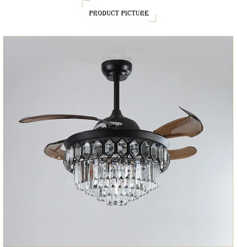 Decorative Luxury Retractable Chandelier Crystal Fancy Hidden Transparent Blade Ceiling Fan with Light