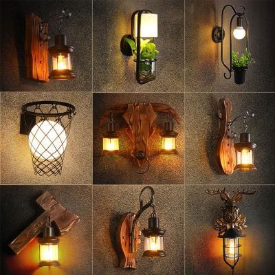Industrial Loft Design Creative Cafe Restaurant Bar Bedside Iron Wooden LED Wall Lamp (WH-VR-21)