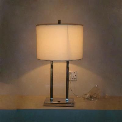 Round Beige Fabric Shade and Square Base in Chrome Finish Table Lamp.