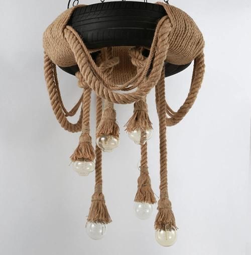 Industrial Ceiling Light Black Rattan Pendant Light with Rubber Hemp Rope Light