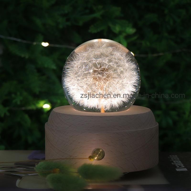 Manufacturer Hot Selling Plant Specimen Dandelion 3D Crystal Ball Wooden LED Desk Table Lamp Night Light with Music Box