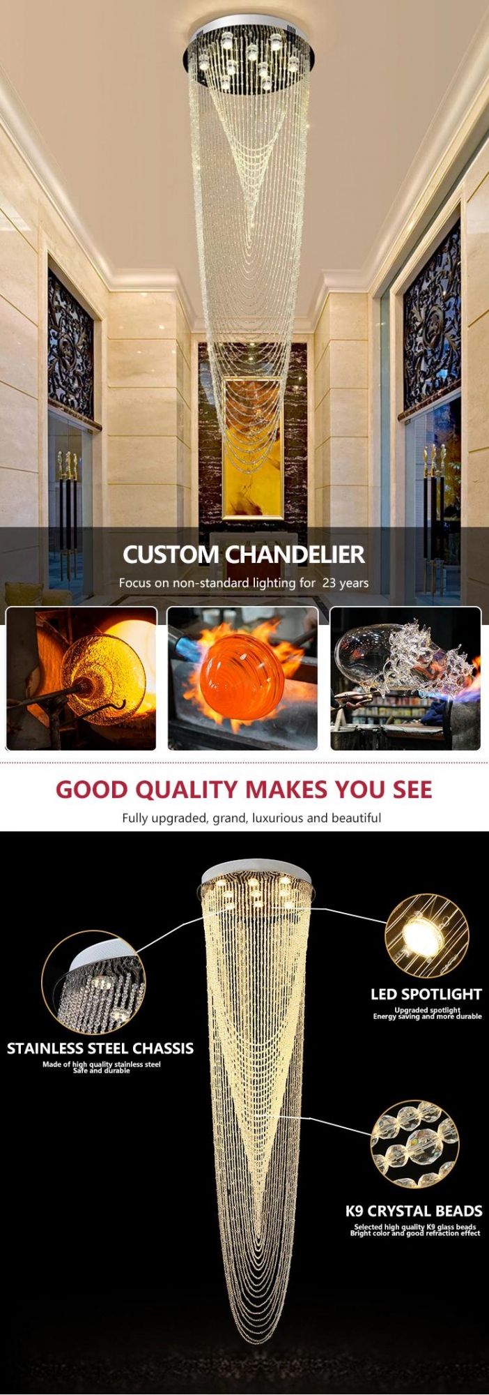 New Design Custom Light Luxury Staircase Hall Hotel Glass Non-Standard LED Chandelier Lamp