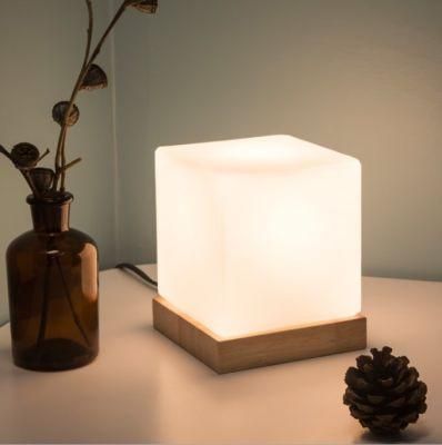 Modern Table Lamp Wood Base and White Square Glass LED Indoor Light Desk Bedroom Office Table Lamp