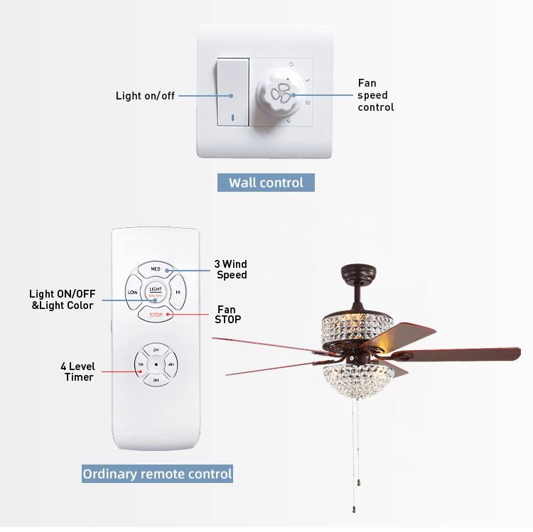 52 Inch Crystal Ceiling Fan Light Fixture Quiet Motor 5 Blades 3 Speed Ceiling Fan Remote Control Decoration