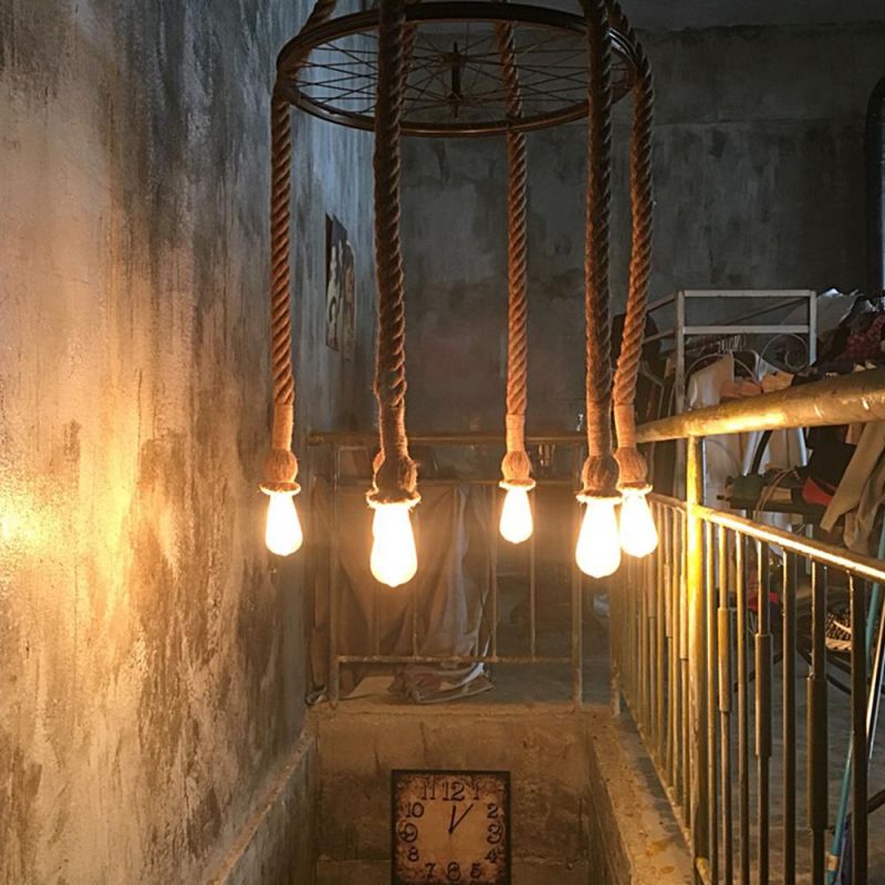 Retro Vintage Hemp Rope Pendant Light Loft Creative Hanging Lamp with Edison Bulb American Style