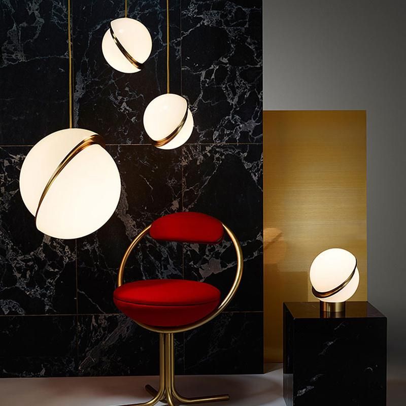 Modern Style Globe White Acrylic Shade LED Hanging Pendant Light with Brass Color Finished