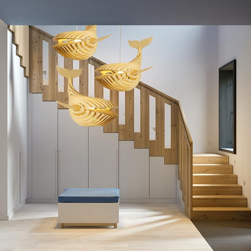 Wooden Whale Design Chandelier Restaurant Dining Room Pendant Lamp Light