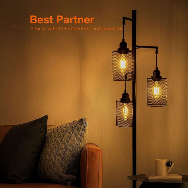 Industrial Tree Floor Lamp for Living Room with 3 Elegant Teardrop Cage Heads & St58 Edison LED Bulbs Sturdy Base Tall Vintage Pole Light Great for Farmhouse