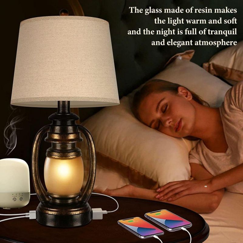 Farmhouse Bedside Table Lamps for Living Room Set of 2 Oatmeal Tapered Drum Shade Rustic Bedroom Nightstand Lamps with 2 USB Port and Outlet