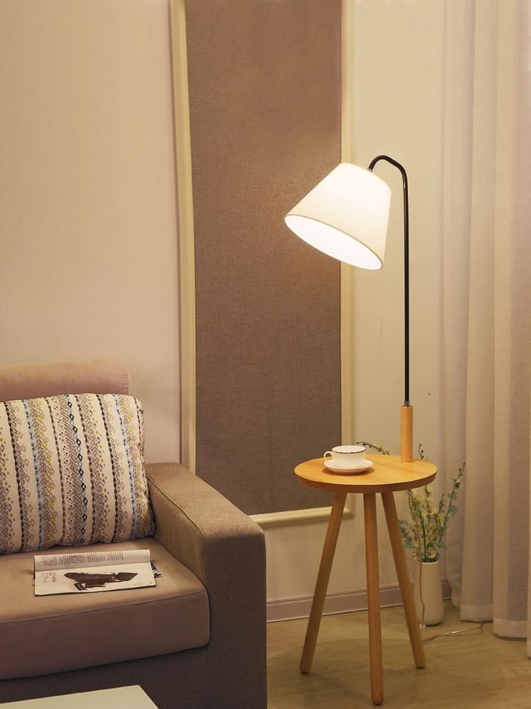 LED Wood Tripod Floor Light Lighting Modern Living Bedroom Double Multi-Function Usage Lamp Fabric Shade Standing Floor Lamp with Table Shelf