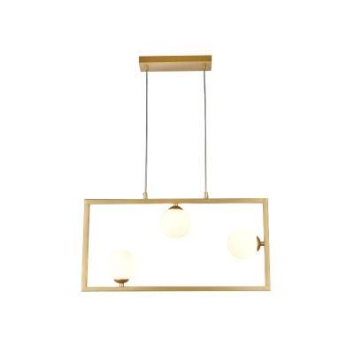 Three Lite Gold Rectangle Frame Pendant Lamp with Opal Glass