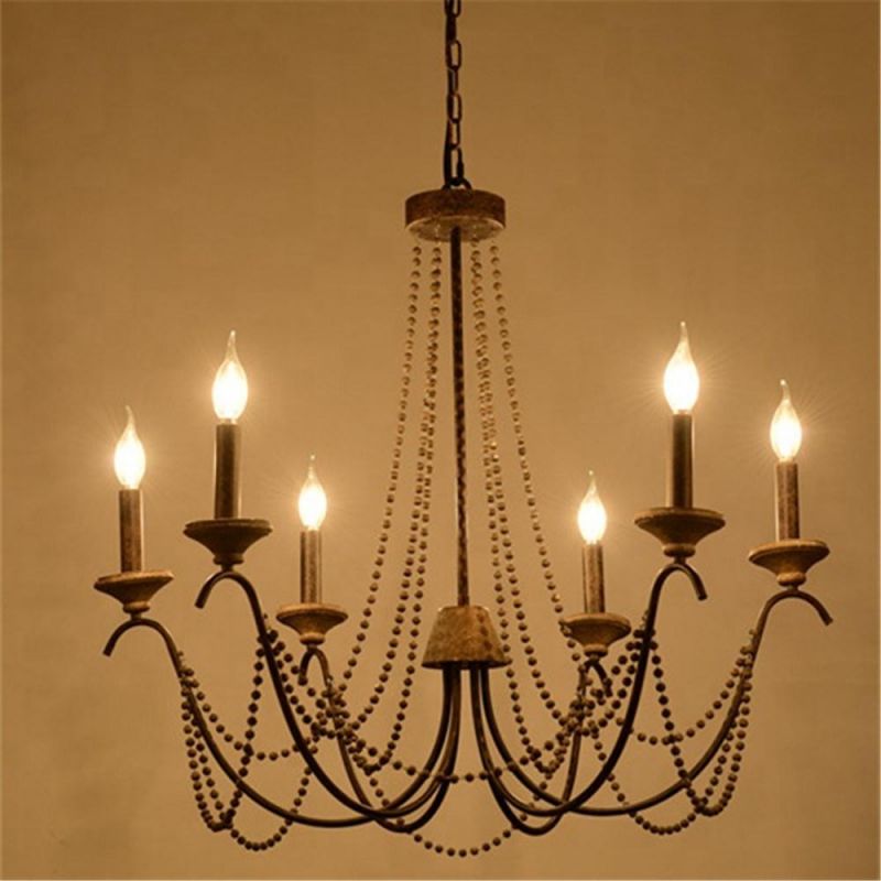 Country Style Iron Wooden Beads Chain Pendant Lights Chandelier