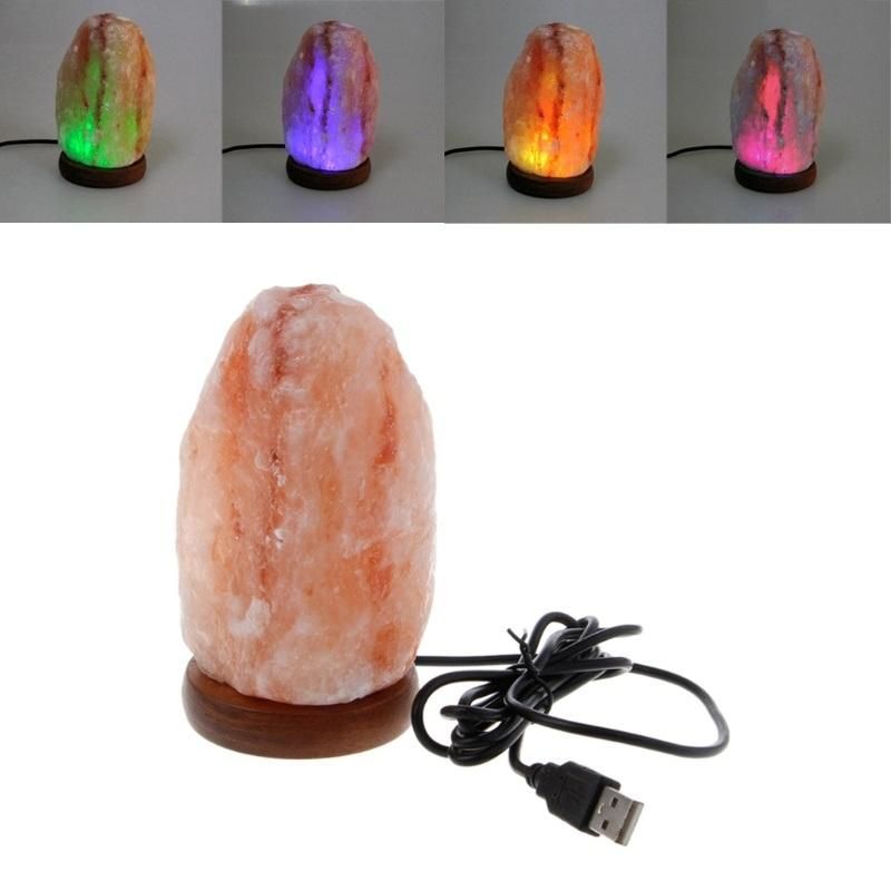 Hand Carved USB Wooden Base Himalayan Rock Salt Stone Lamp Air Purifier Night Light