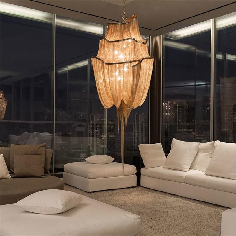 2022 Modern Luxury Gold and Silver Chain Tassel Ceiling Lamp Hotel Art Creative Decoration Chandelier Industrial Style