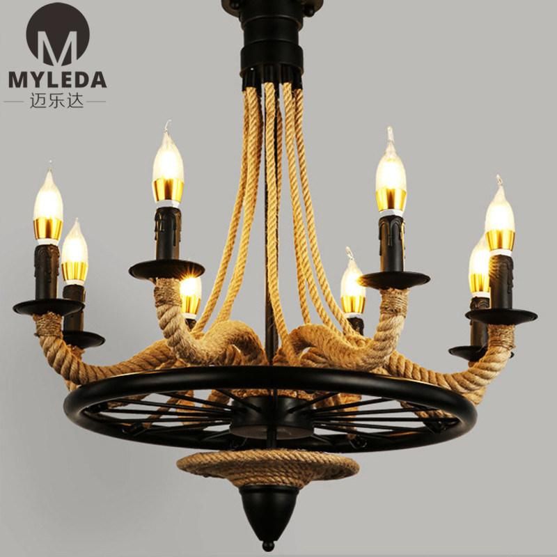 Vintage American Country Style Hemp Rope Iron Pendant Light