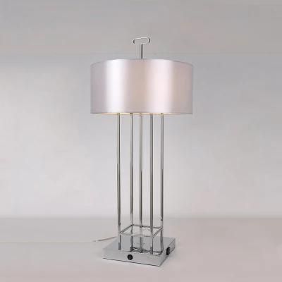 Metal Tube in Polished Chrome Finish and Silver Fabric Lamp Shade Table Lamp.