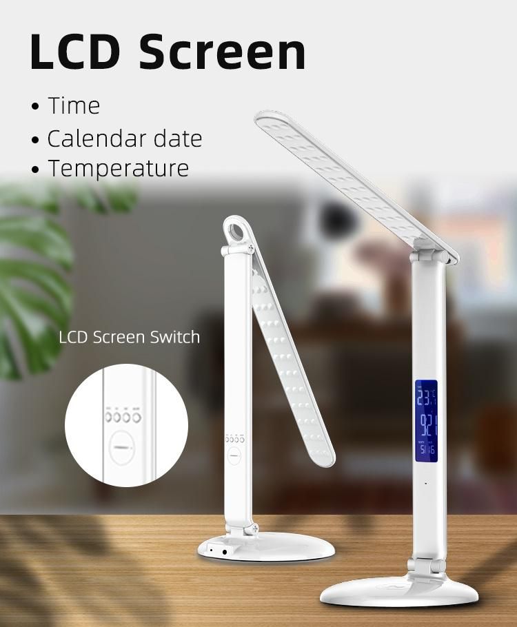 3 Color Adjust Wireless Charging LED Table Reading Lamp Folding Wireless Charger Desk Lamp with Clock/Temperature/Calendar