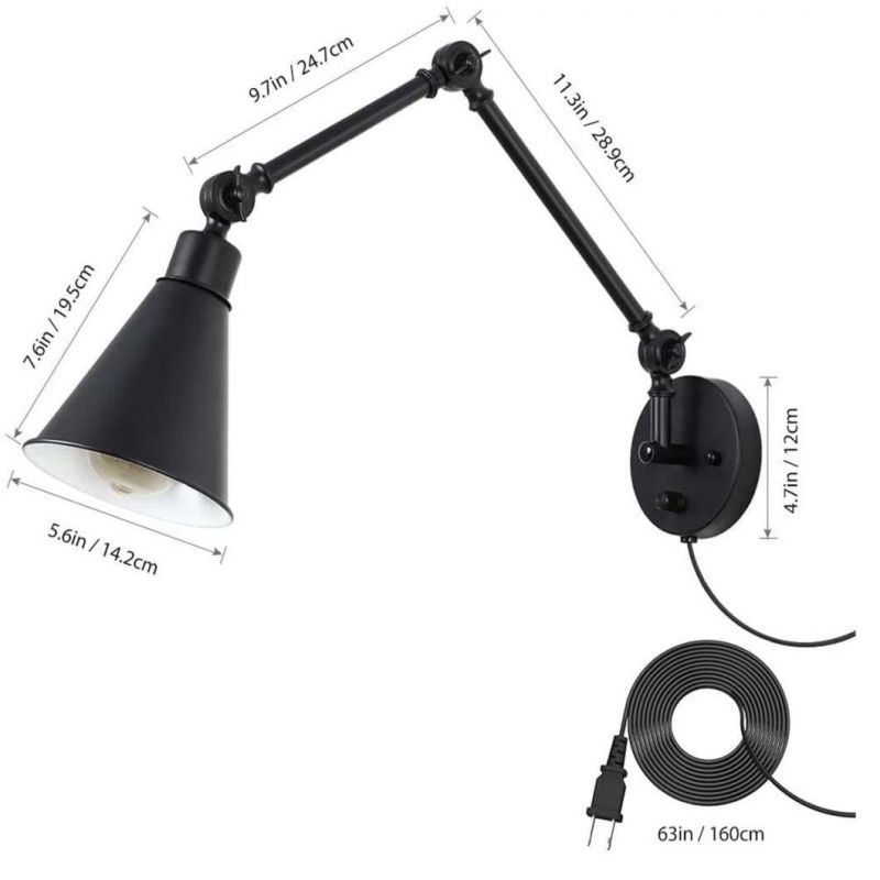 Swing Arm Wall Lamp Bedroom Plug in Wall Light Fixture Dimmable Switch Industrial Metal Black Wall Reading Sconce Living Room Farmhouse Hallway
