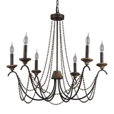 Country Style Iron Wooden Beads Chain Pendant Lights Chandelier