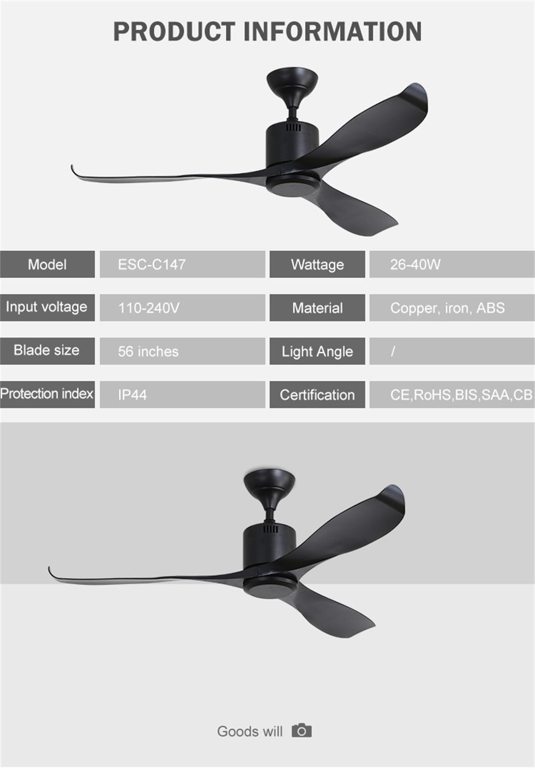 Simple Design Save Energy Silent 3 Fan Speed 56 Inch ABS Blade Light Ceiling Fan