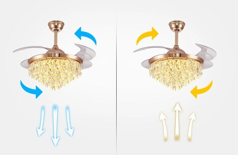 Golden Crystal Invisible Ceiling Fan Light with Remote Control 3 Color Changes LED Chandelier Fan Lamp