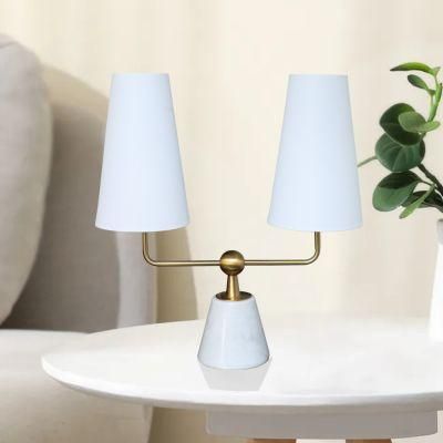 Gold Vintage Marble Base Linen Fabric Shade Nightstand Table Lamps for Bedroom Living Room Bedside