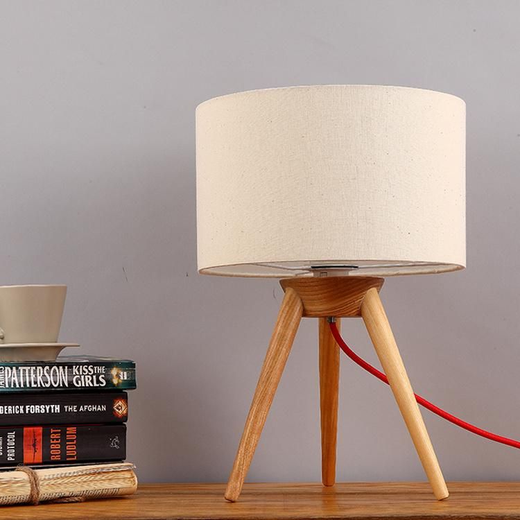 Table Lamp with Fabric Shade and Wooden Base Light