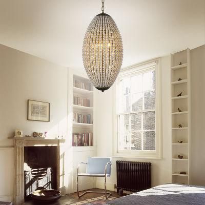 Modern Farmhouse White Plastic Beads Long Oval Shape Handmade Iron Industrial Pendant Ceiling Light