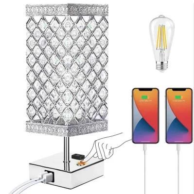 Modern Touch Control Crystal Bedside Table Lamp with USB Ports, Wireless Charging Lamp for Bedroom