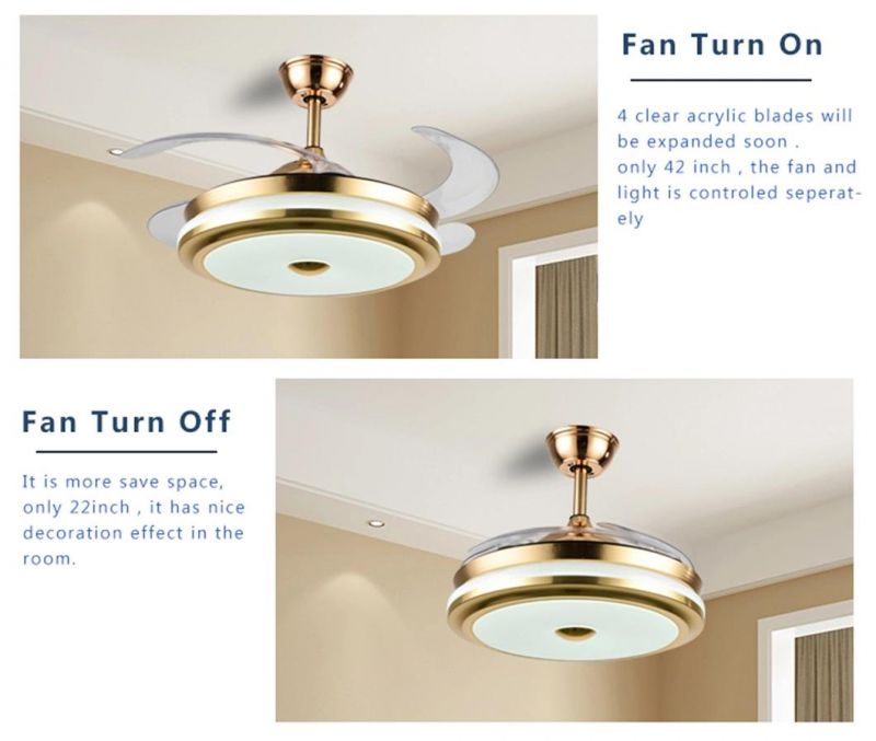 Indoor Decoration Save Energy DC Inverter Motor 5 Speed Hidden Blades Golden LED Fan Light