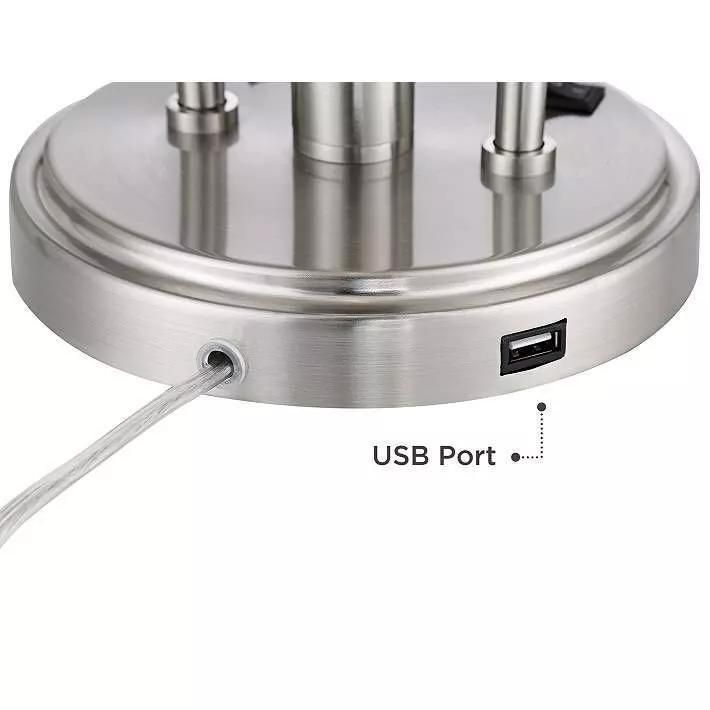 UL Listed Brushed Nickel and Silver Hotel Table Wood Lamp with Outlet& USB Port and Base Switch