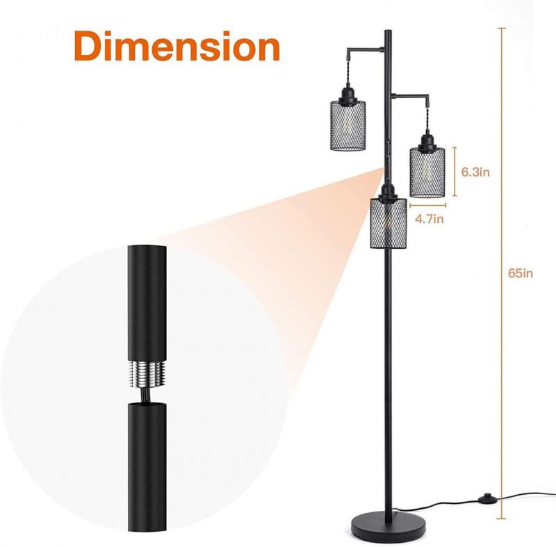 Industrial Tree Floor Lamp for Living Room with 3 Elegant Teardrop Cage Heads & St58 Edison LED Bulbs Sturdy Base Tall Vintage Pole Light Great for Farmhouse