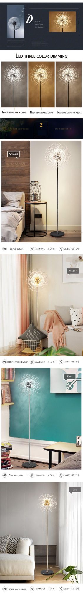 Modern Crystal Floor Light LED G9 Nordic Gold Dandelion Chandelier Standing Lamp for Bedroom Indoor Living Room Light Fixture