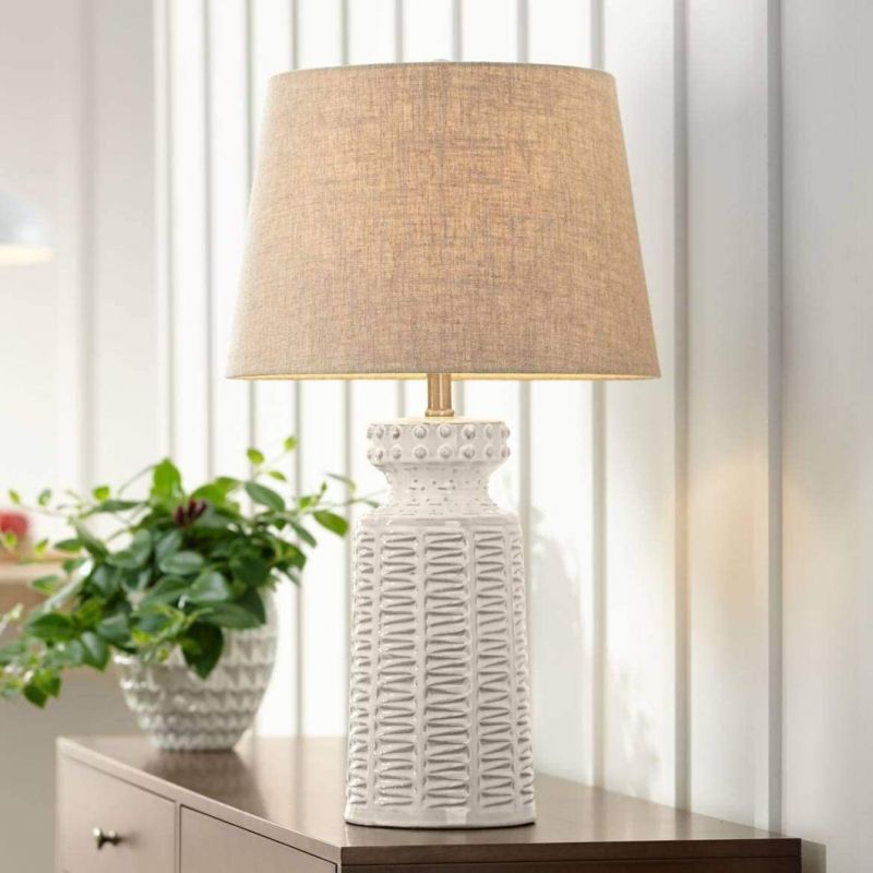 Helene Vintage Country Cottage Table Lamps Set of 2 Ceramic Rustic White Glaze Beige Linen Drum Shade for Living Room Bedroom House Bedside Nightstand Home Offi