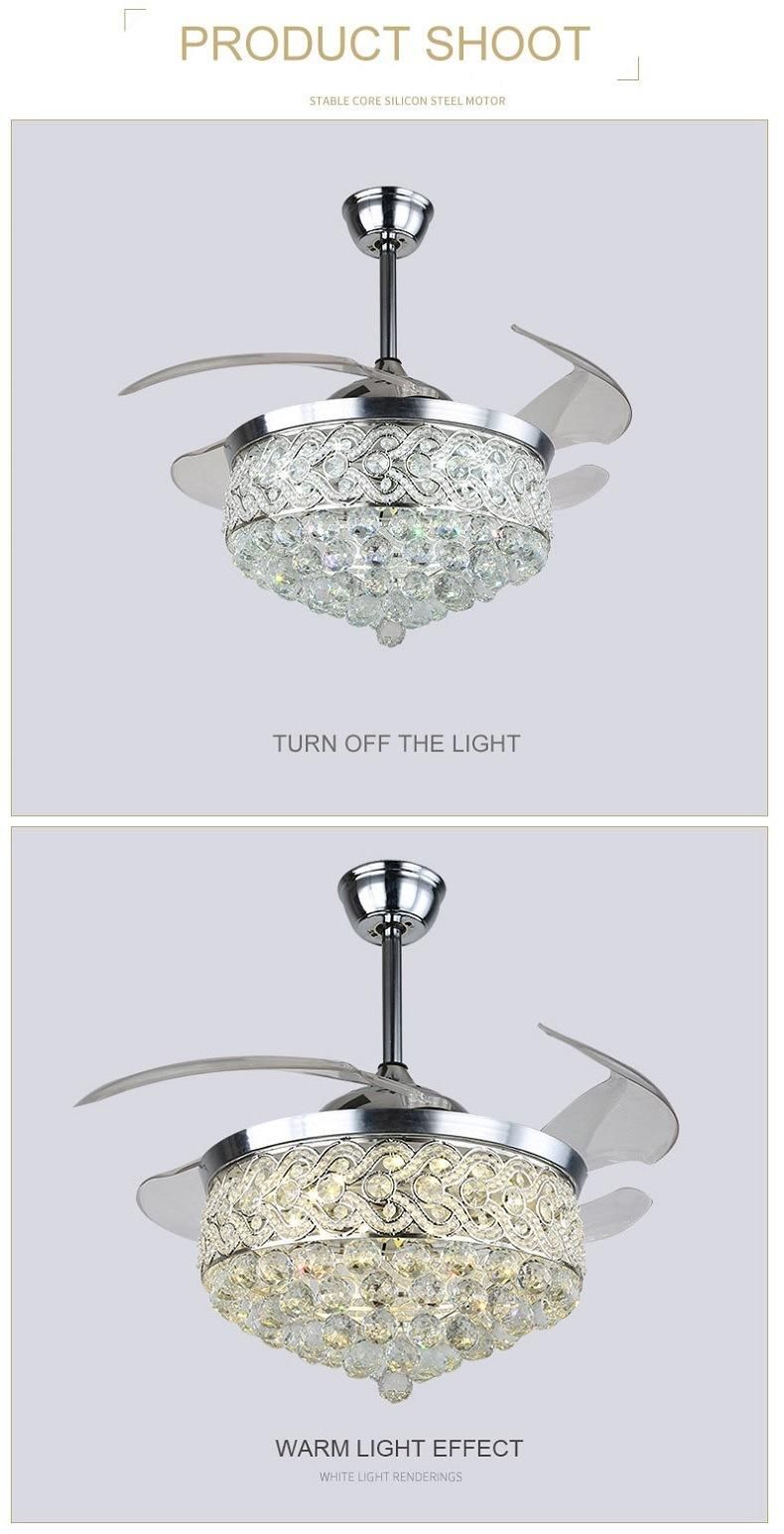 Luxury Golden LED Chandelier Lighting Remote Control Fancy Pendant Lamp Hotel Modern Crystal Ceiling Fan with Light Home