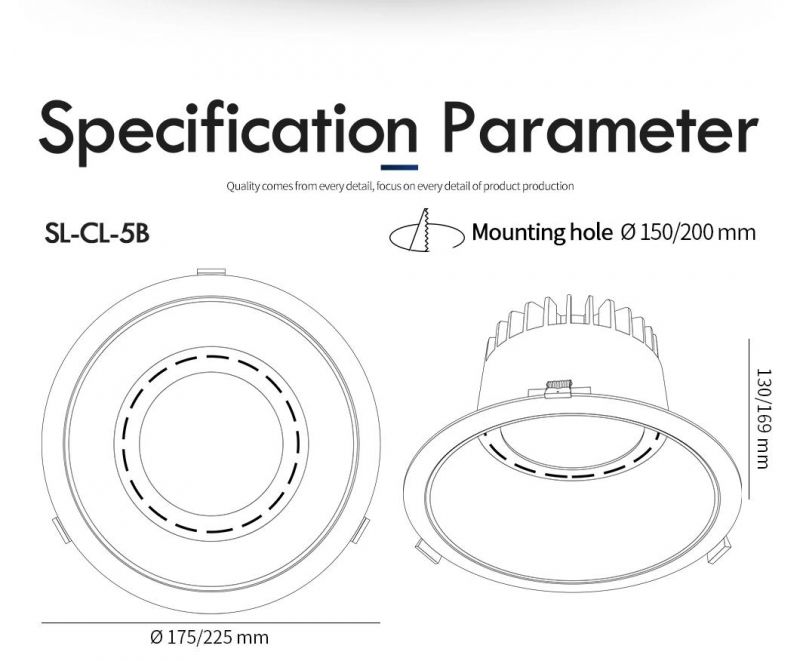 IP65 Waterproof Aluminum 150mm Cut-out Indoor Ceiling Recessed Mount 40W 50W LED Down Light