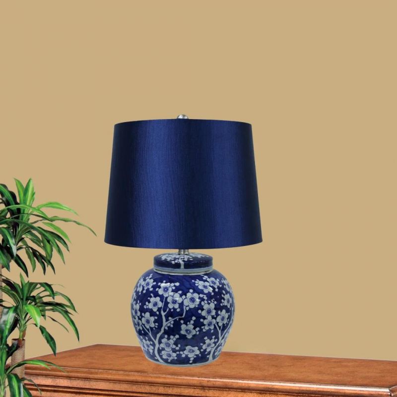 Porcelain Blue Table Lamp Modern Custom Simple Design Ceramic Light Fancy Bedside Lamps with Fabric Shade