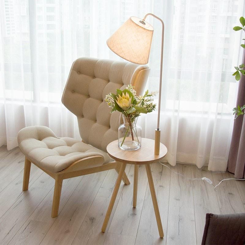 LED Wood Tripod Floor Light Lighting Modern Living Bedroom Double Multi-Function Usage Lamp Fabric Shade Standing Floor Lamp with Table Shelf