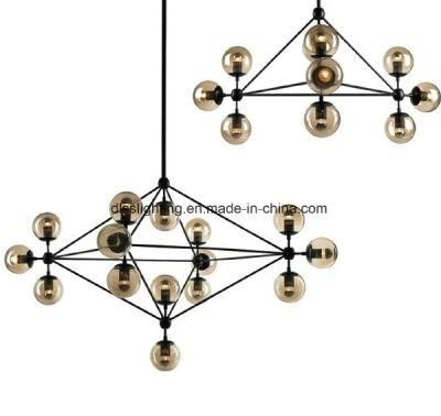 Amber Glass Ball Black Metal LED Lighting Modern Chandelier
