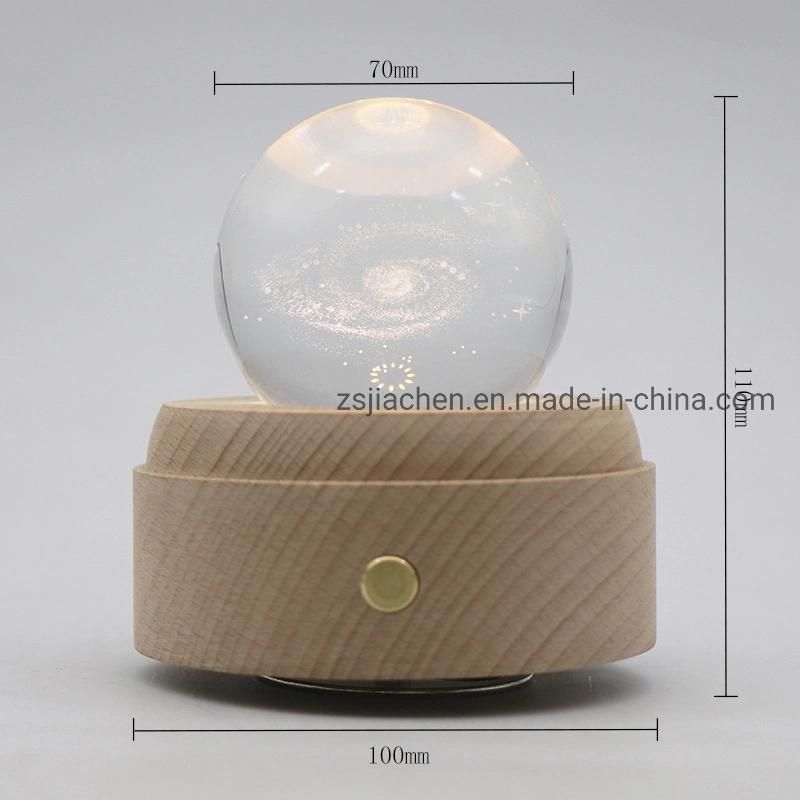 Warm White LED Wooden Table Desk Lamp Music Box USB Battery Night Light with Galaxy Crystal Ball