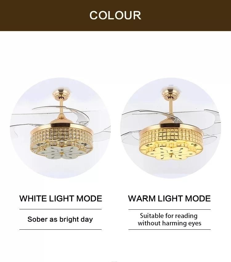 Ceiling Fan Gold Modern Crystal LED Room Ceiling Fan with Transparent Clear Blades and Lights and Remote Fan Cooling Fan