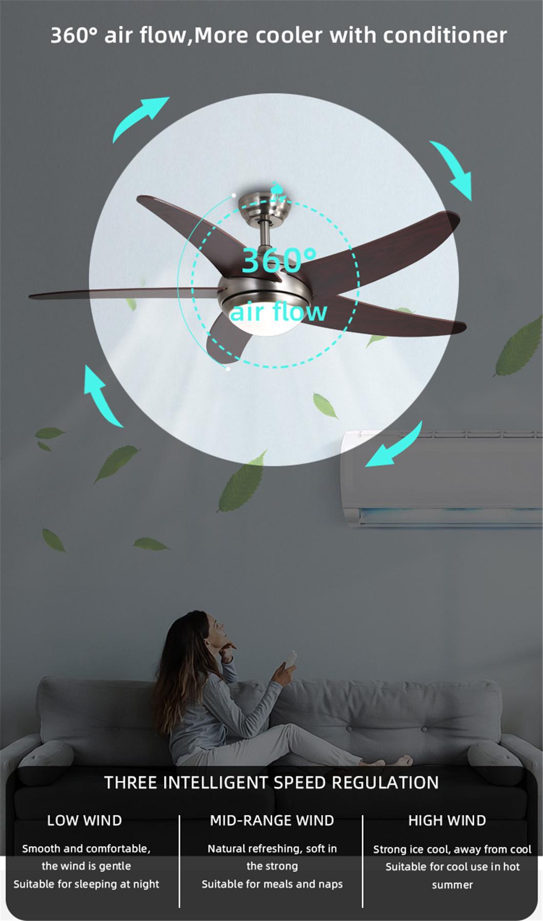 Decorative Ceiling Fan Modern Tuya WiFi Remote AC 70W 5 Blades Wooden Ceiling Lamp with Fan