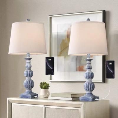 Farmhouse Table Lamp Set of 2, Traditional Table Lamp with Dual USB Ports, Rustic Bedside Lamps with White Fabric Shade,