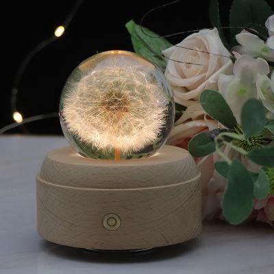 Manufacturer Hot Selling Plant Specimen Dandelion 3D Crystal Ball Wooden LED Desk Table Lamp Night Light with Music Box