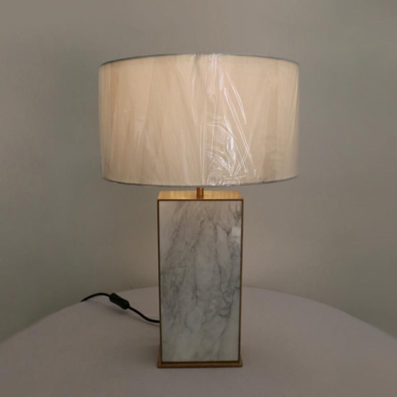 White Silk Shade with Opal Acrylic Diffuser and Marble Base Table Lamp.